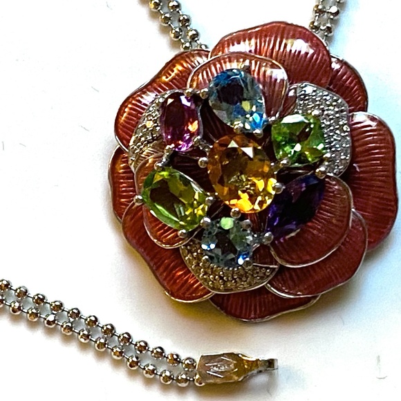 Sterling Silver Enamel Multi Stone Flower Pendant - Picture 2 of 8